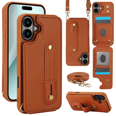 For iPhone 16 Case Kickstand Card Slots Leather Coated TPU Cover with Shoulder Strap - Brown