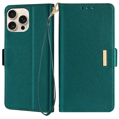 For iPhone 15 Pro Max Leather Wallet Case RFID Blocking Stand Cover with Hand Strap - Green