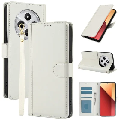 SY-003 For Xiaomi Poco C75 4G / Redmi 14R 5G / 14C 4G Case PU Leather Stand View Phone Wallet Cover with Hand Strap - White