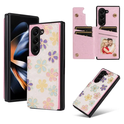 For Samsung Galaxy Z Fold5 5G Case Flower Leather+PC RFID Blocking Phone Cover Card Slots - Flowers