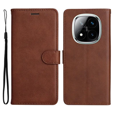 For Xiaomi Redmi Note 14 Pro+ 5G / Note 14 Pro 5G / Poco X7 5G Case Solid Color Leather Mobile Cover Wallet Stand with Strap - Brown