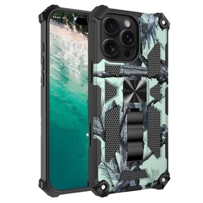 For iPhone 16 Pro Max Case Kickstand Camouflage Anti-Drop TPU+PC Phone Cover - Light Green