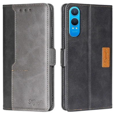 For OnePlus Nord CE4 Lite 5G / Oppo K12x 5G (China) Case Contrast Color Wallet Leather Phone Cover - Black+Grey