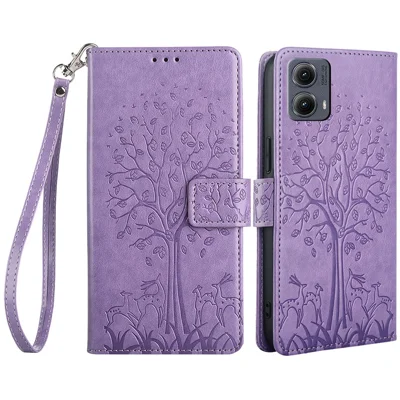 For Motorola Edge (2024) 5G Case PU Leather Wallet Phone Cover Tree Deer Imprinted - Purple