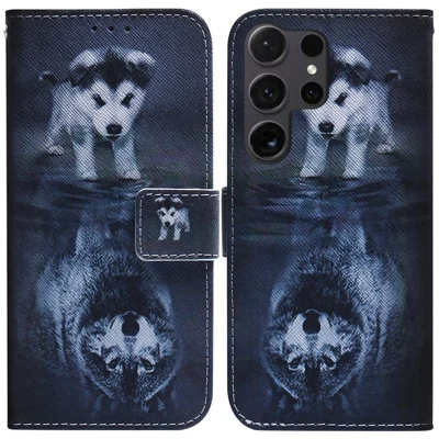 For Samsung Galaxy S25 Ultra Wallet Case Pattern Print Leather Phone Cover - Dog and Wolf