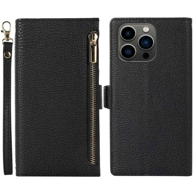Текстура Litchi Текстура Корпуса Для Iphone 14 Pro, Застежка -молния, Карманное Покрытие - Черный