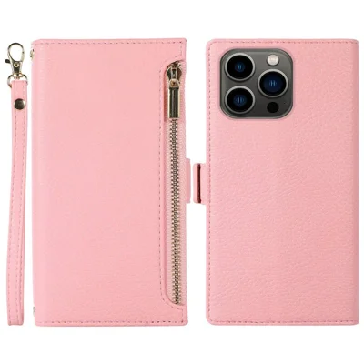 For iPhone 13 Pro Max 6.7 inch Zipper Pocket Design Litchi Texture Phone Case, PU Leather Flip Cover Wallet with Strap - Pink