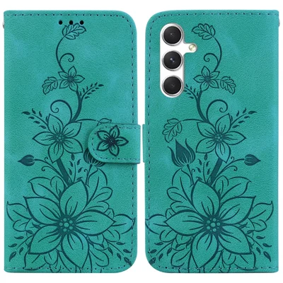 For Samsung Galaxy S25 Case Lily Flower Imprint Leather Phone Cover with Stand - Green