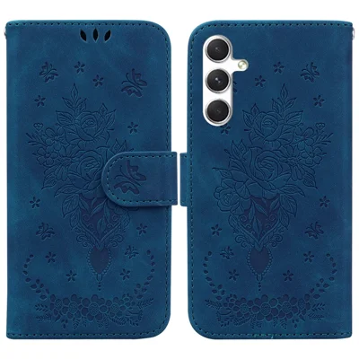 For Samsung Galaxy S25 Case PU Leather Wallet Phone Cover Butterfly Flower Imprint - Blue