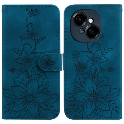 For TECNO Spark Go 2025 / Spark Go 1 / Pop 9 4G Case Lily Flower Imprint Leather Phone Cover with Stand - Dark Blue