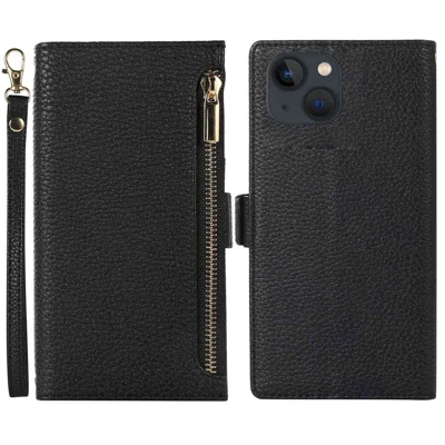 For iPhone 13 6.1 inch Zipper Pocket Design Bump Proof Litchi Texture Phone Case, PU Leather Flip Cover Wallet with Strap - Black