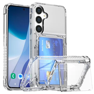 Przezroczysta obudowa na Samsung Galaxy S25, pokrowiec z PC+TPU z uchwytem na karty i podstawką - Przezroczysty