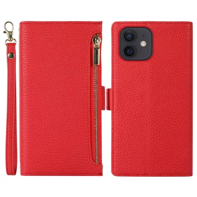 For iPhone 11 6.1 inch Zipper Pocket Design Litchi Texture Phone Case, PU Leather Flip Cover Foldable Stand Wallet with Strap - Red
