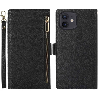For iPhone 12 / 12 Pro 6.1 inch Zipper Pocket Design Litchi Texture Phone Case, PU Leather Flip Cover Stand Wallet with Strap - Black