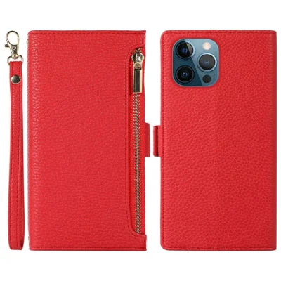 For iPhone 12 Pro Max 6.7 inch Zipper Pocket Design Litchi Texture Phone Case, PU Leather Shockproof Flip Cover Wallet with Strap - Red