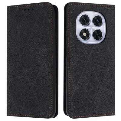 Til Xiaomi Redmi Note 14 Pro+ 5G / Note 14 Pro 5G / Note 14 Pro 4G / Poco X7 5G Task Case med Indgraveret Blomst, Wallet, Stå og Læderdæksel - Sort