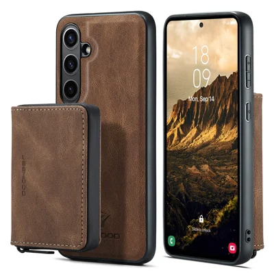 CASEME For Samsung Galaxy S24 FE Case JEEHOOD J02 Detachable 2-in-1 Leather Coated TPU Phone Cover with Kickstand Zipper Wallet - Brown