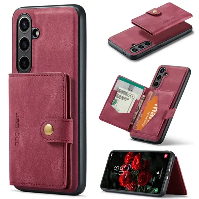 JEEHOOD For Samsung Galaxy S24 FE Case  J01 Retro Leather + TPU Phone Cover Detachable Magnetic Card Holder - Red
