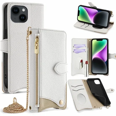 Leren hoesje voor iPhone 15 met portemonnee- en standaardfunctie, onregelmatige visstaartstijl met kettingriem - Wit