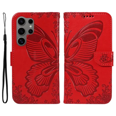 For Samsung Galaxy S25 Ultra Case Butterfly Pattern Leather Wallet Flip Phone Cover - Red