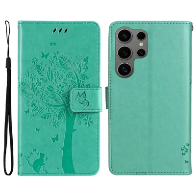 Samsung Galaxy S25 Ultra Hoesje met Stand Cat Tree Patroon Leren Portemonnee Mobiel Hoesje - Groen