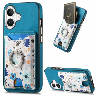 For iPhone 16 Case Kickstand Leather Coated TPU Pattern Back Cover - Blue