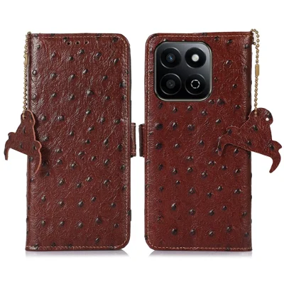 For Honor X7c 5G / X7c 4G / 200 Smart 5G / Play 60 Plus 5G Case RFID Blocking Genuine Cow Leather Phone Case Ostrich Texture - Coffee