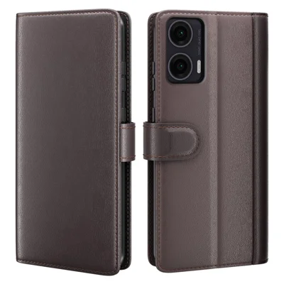 For Motorola Moto G35 5G Case Genuine Split Leather Phone Cover with Wallet Stand - Brown