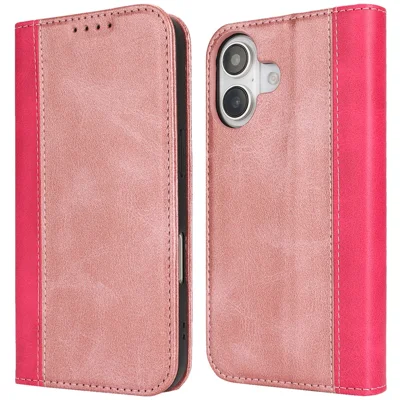 For iPhone 16 Plus Case Calf Texture 3 Card Slots Color Splicing Leather Phone Cover - Rose Gold+Rose