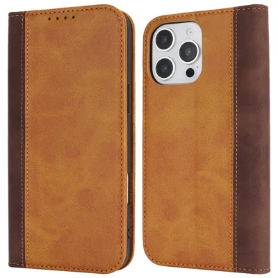 For iPhone 16 Pro Case Calf Texture 3 Card Slots Color Splicing Leather Phone Cover - Yellow+Brown