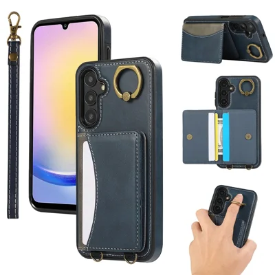For Samsung Galaxy A05s 4G PU Leather Back Case Card Holder Kickstand Phone Cover with Wrist Strap - Blue