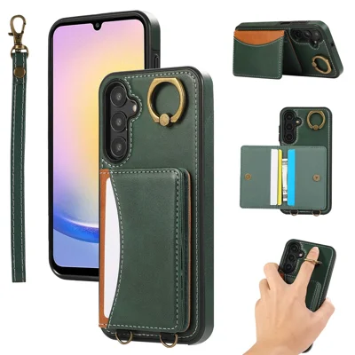 For Samsung Galaxy A25 5G (Global) (161.0 x 76.5 x 8.3mm) PU Leather Back Case Card Holder Kickstand Phone Cover with Wrist Strap - Green