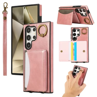 For Samsung Galaxy S24 Ultra PU Leather Back Case Card Holder Kickstand Phone Cover with Wrist Strap - Pink