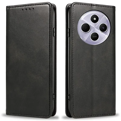 For Xiaomi Poco C75 4G / Redmi 14R 5G / 14C 4G Case Strong Magnetic PU Leather Phone Cover Calf Texture - Black
