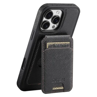 SUTENI M2 For iPhone 16 Pro Max Magnetic Case Cross Texture Leather Back Cover with Detachable Card Bag - Black