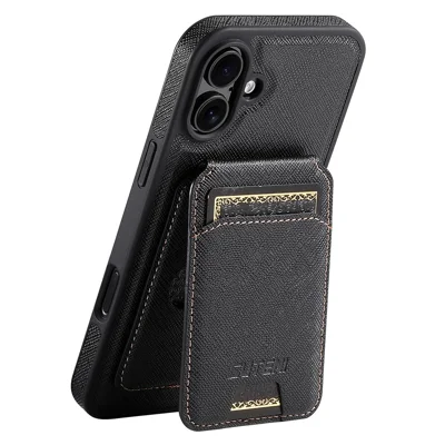 SUTENI M2 For iPhone 16 Plus Magnetic Case Cross Texture Leather Back Cover with Detachable Card Bag - Black