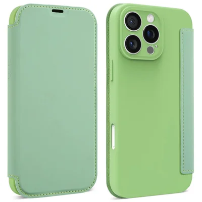 For iPhone 16 Pro Max Case Card Holder Kickstand Liquid Silicone Phone Cover - Matcha Green