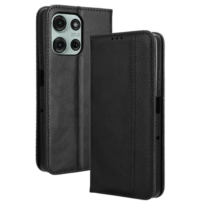For Motorola Moto G75 5G Læderet Taskase med Ståfunktion og Retrostruktur til Telefon - Sort