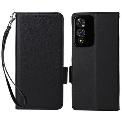 For Cubot A10 Case with Wrist Strap Litchi Texture PU Leather Wallet Phone Cover - Black