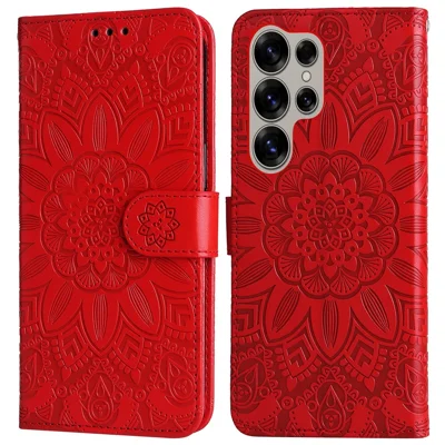 For Samsung Galaxy S25 Ultra Case Sunflower Imprint Leather Wallet Phone Cover - Red