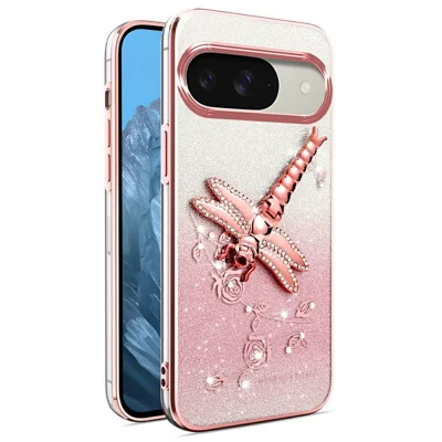 KADEM For Google Pixel 9 Pro  /  Pixel 9 Case Dragonfly Kickstand TPU Flowers Glitter Phone Cover - Pink