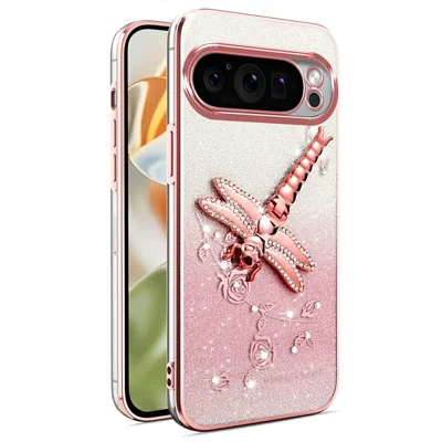 KADEM For Google Pixel 9 Pro XL Case Dragonfly Kickstand TPU Flowers Glitter Phone Cover - Pink