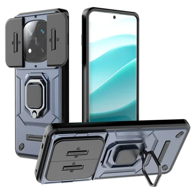 For Xiaomi Redmi Note 14 Pro+ 5G Case PC+TPU Kickstand Phone Protector with Lens Cover - Blue