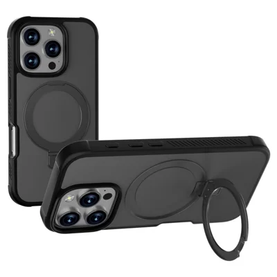 GW20 For iPhone 16 Pro Max Case Compatible with MagSafe Skin-Touch TPU+PC Kickstand Phone Cover - Black