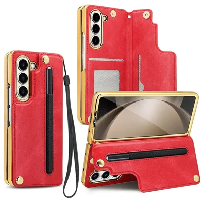 For Samsung Galaxy Z Fold5 5G Case RFID Blocking Card Slot PU+PC Kickstand Phone Cover with Stylus Holder - Red