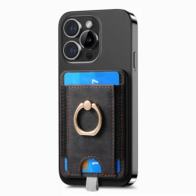 MC-W6 Universal Magnetic Card Holder with Ring Kickstand PU Leather Phone Card Bag - Black