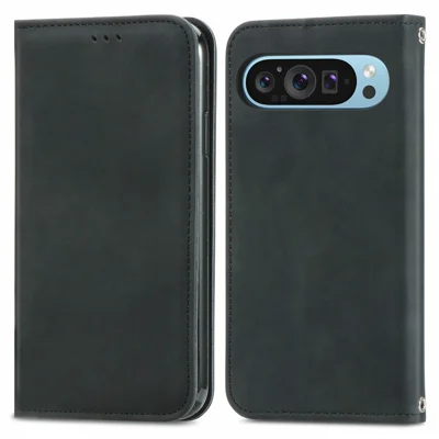 For Google Pixel 10 Pro / Pixel 10 / Pixel 9 Pro / Pixel 9 Case Skin Touch Feeling Card Slot Leather Phone Cover Stand Magnetic Absorption - Black