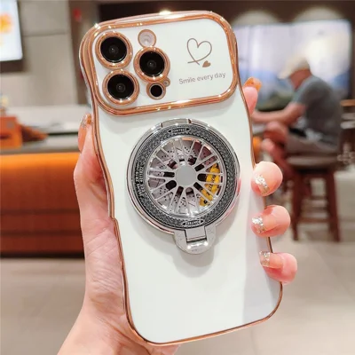 For iPhone 16 Pro Max Case Electroplating Gyro Design Kickstand Soft TPU Phone Cover - Ivory White