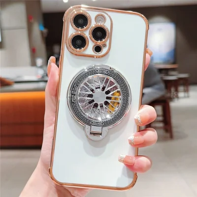 For iPhone 16 Pro Max Case Electroplating Gyro Design Kickstand Soft TPU Phone Cover - Ivory White