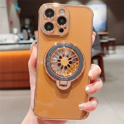 For iPhone 16 Pro Max Case Electroplating Gyro Design Kickstand Soft TPU Phone Cover - Brown